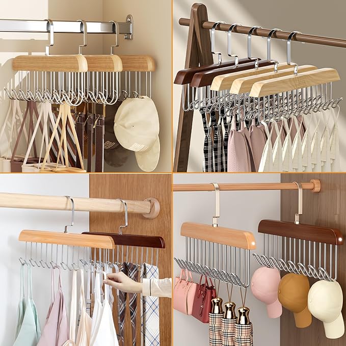 4 Pack Anti Slip Multi Hook Coat Racks,Tie Rack,Bra Hangers for Closet Organizer with 8 Hooks 360 °Swivel Wooden Hanger for Closet for Tie,Tank Top,Bra, Scarf,Hat