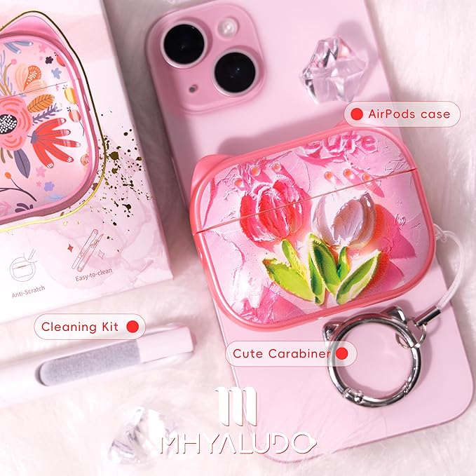 for AirPods Pro 2 Case with Cleaning Kit, Cute Cat Ear Print Design & Cute Buckle for Girls, Phone Holder & Top Safe Lock Buckle Design for AirPods Pro 2nd/1st Gen case, Tulip