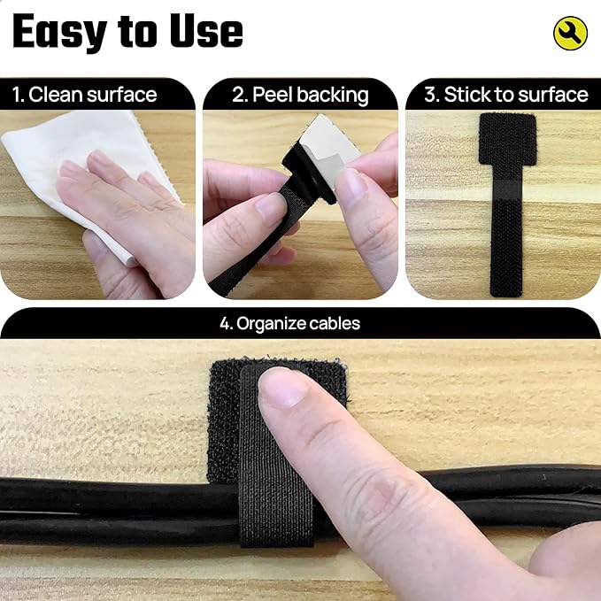 40 PCS Hook and Loop Cable Ties, Self Adhesive Cable Straps, Cable Management Under Desk, Adjustable Cord Organizers for Office Home and Kitchen, Black