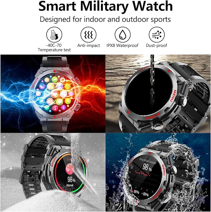 Military Smart Watches for Men(Answer/Make Calls), 1.52" HD Fitness Watch, AI Built-in,AI Face,Heart Rate Sleep Monitor, 100+ Sport Modes, Text, IP68 Waterproof Smartwatch for Android iOS