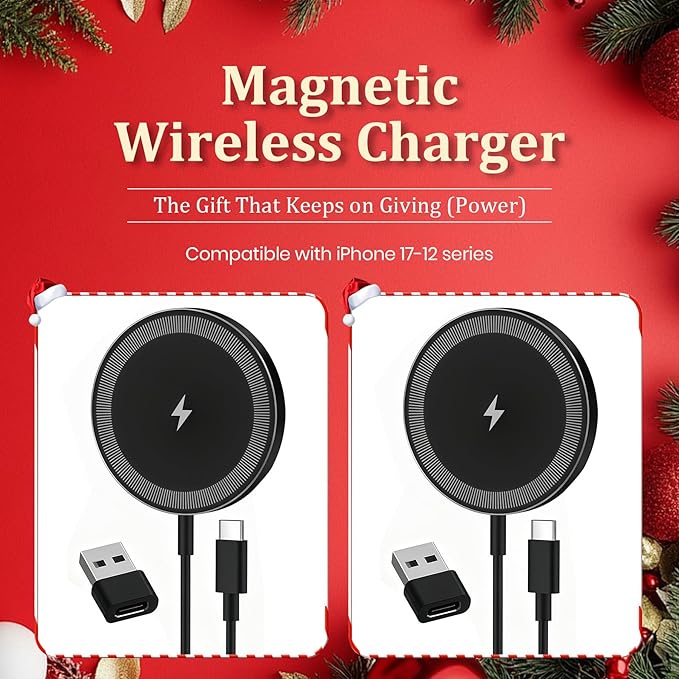 Magnetic Wireless Charger Charging Pad: 15W Qi Fast Portable Slim Charger Puck for iPhone 17e 17 Air 17 Pro Max 16 15 14 13 12 Series S26 & AirPods 4 3 2 Pro - Include USB-C/A Dual Ports (2Pack Black)