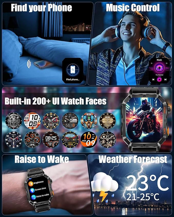 Military Smarty Watch for Men, 2.01" Smartwatch with 1200mAh Battery, Flashlight, Answer/Make Calls, Heart Rate/Sleep Monitor 100+ Sport Modes Fitness Tracker for Android/iPhone