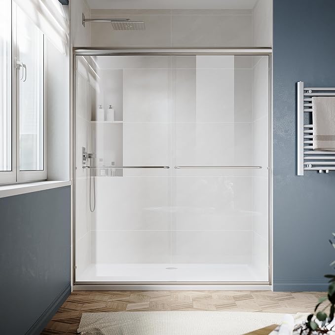 SUNNY SHOWER Double Sliding Glass Door 48" W x 72" H Shower Door 1/4" Tempered Glass Sliding Door Semi-Frameless Shower Glass Enclosure Bypass Walk in Shower Cabin, Brushed Nickel