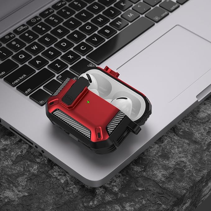 Maxjoy for AirPods Pro Case Cover with Lock, AirPods Pro 1st Generation Case for Men Military Rugged Protective Cover with Keychain Compatible with Apple AirPod Pros 2019 Front LED Visible, Red Camo
