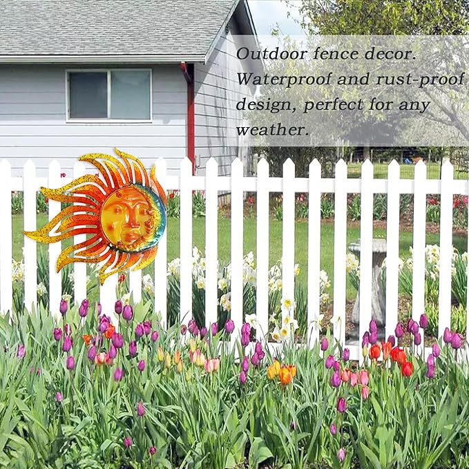 Metal Sun Moon Wall Art Decor, 12 Inch Retro Hanging Decor With Glass, Flame Sun Outdoor Indoor Wall Decorations For Patio Yard Garden Fence Living Room Bedroom