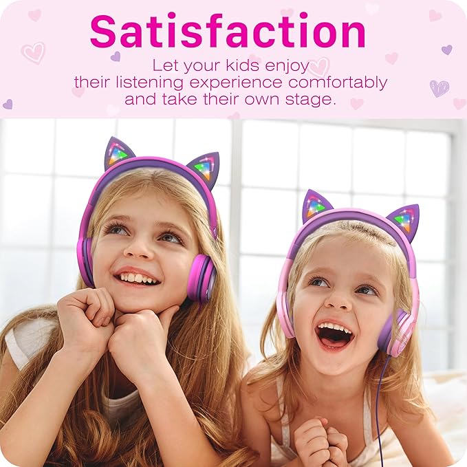 FosPower Kids Headphones with LED Cat Ears (85dB Safe Volume Limit), 3.5mm Soft On-Ear Wired Headphones with Tangle-Free Laced Cables for iPad/Tablet/School/Travel - Baby Pink/Lavender