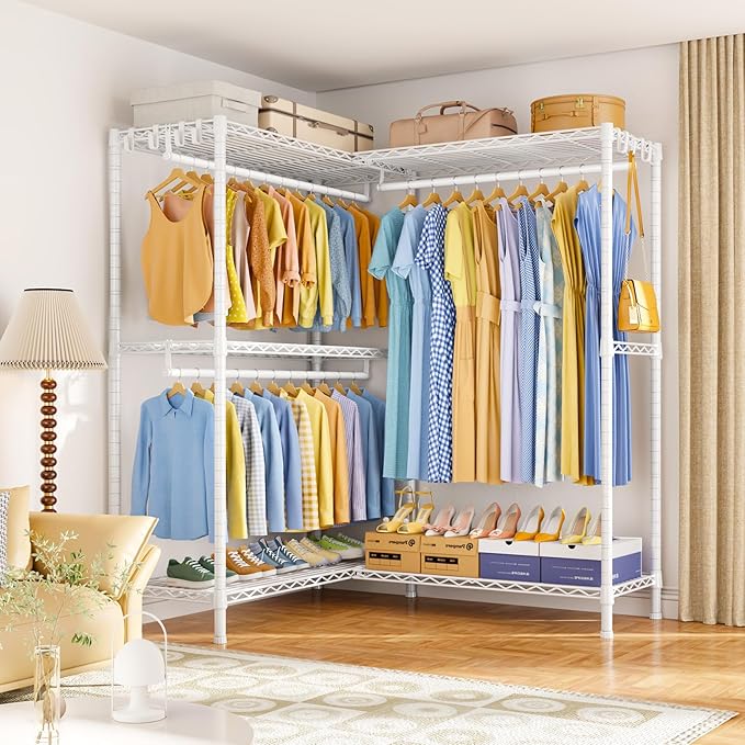 E15 Plus Garment Rack L Shaped Clothes Rack for Corner,Freestanding Clothing Racks for Hanging Clothes,Heavy Duty Closet System with 4 Hanging Rods & 8 S Hooks,48.5" W x 35" D x 78.4" H,White