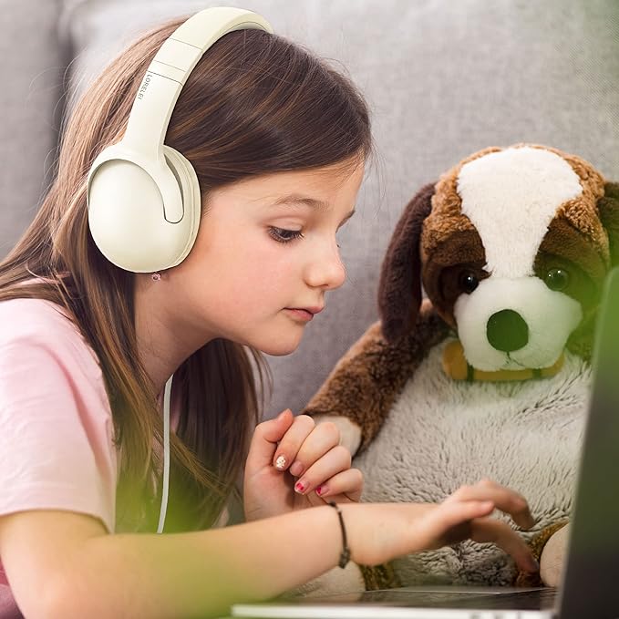 LORELEI E5 Wired Headphones for Kids Foldable & 3.5mm Jack Tangle Free Nylon Wire Stereo On Ear Headsets for Kids/Children/School/Tablet/Ipad/Kiddle/Plane (Beige White)