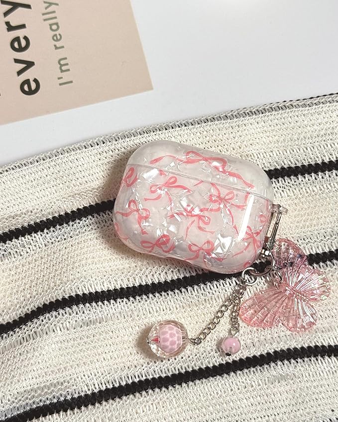 Compatible with AirPods Pro 3 Case Cute, Shell Pattern Shockproof Protective Cover for Girls Women with Butterfly Keychain Designed for AirPod Pro 3rd Generation(2025), Pink Bow