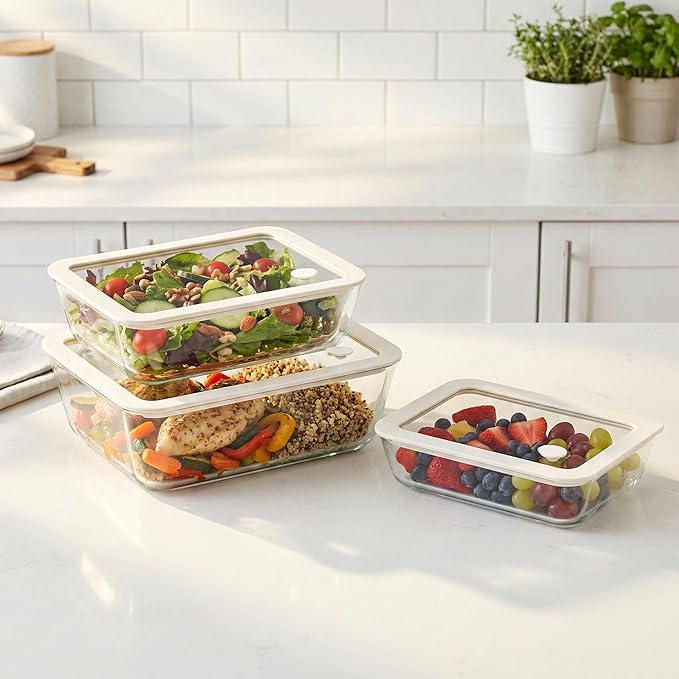 Urban Green Glass Food Container Set with Glass Lid, Large Meal Prep Container Set, Airtight Food Storage Containers with Air Vent Lid, 2 Pack, Large, 87oz, LeakProof, 100% Plastic Free, White color,