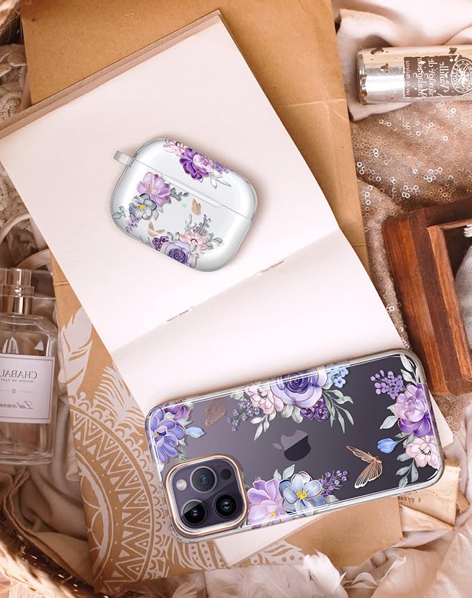 JIAXIUFEN Compatible with AirPods Pro 2019 / Airpods Pro 2nd Generation Case Cover Gold Sparkle Glitter Butterfly Design Cute Full Protective TPU Skin Accessories for Women Girl Flower Purple