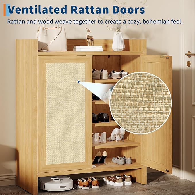 Garvee Rattan Shoe Cabinet for Entryway, Wooden Shoe Rack Freestanding Storage Cabinet with Adjustable Shelves for Living Room Hallway, Dark Oak