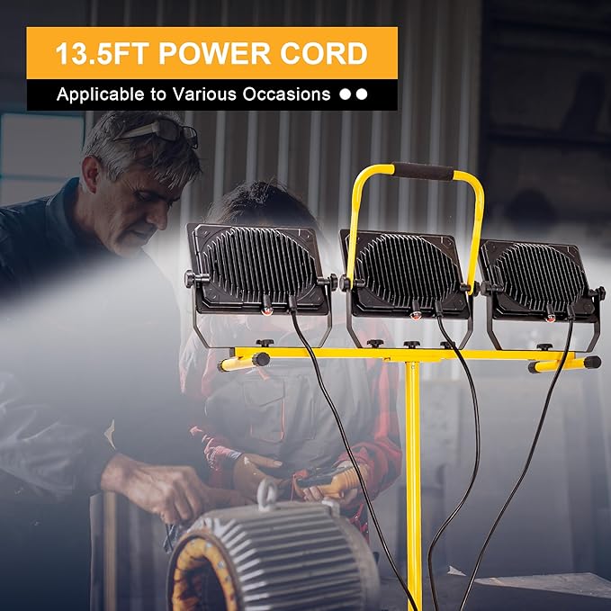 30000 Lumen Work Lights with Stand, 300W Three Head LED Work Light, Waterproof Lamp with Individual Switch, Adjustable Metal Telescoping Tripod(2 Pack)