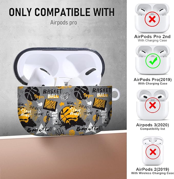 for Airpods Pro Case, Cute Cool Basketball Pattern TPU Soft Cases for Airpods Pro Case 1st Gen, Shockproof for Airpods Pro 2019 Case Men Women with Cleaner Kit & Keychain, Orange