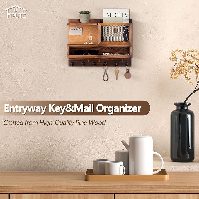 Key Holder for Wall with Mail Organizer,Farmhouse Mail and Key Holder for Wall,Key Hanger with Metal 11 Hooks,Corkboard,and Shelf,Decorative Natural Pine Wood Entryway Organizer,14.6*11.1*3.3”,Brown