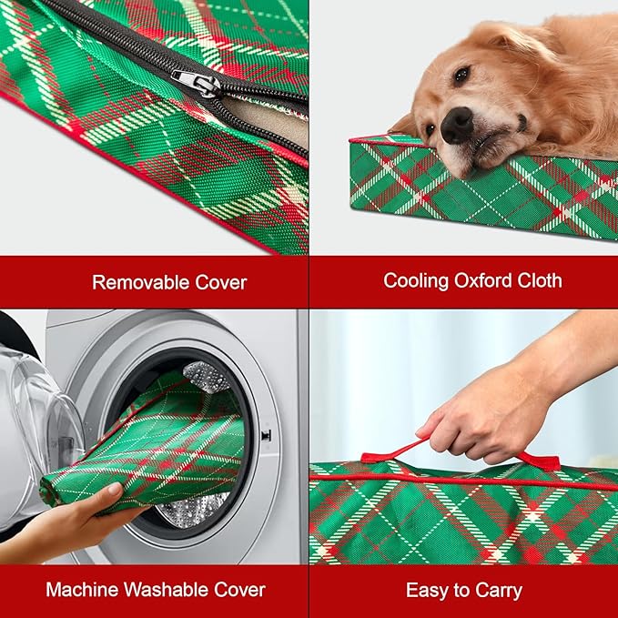 Outdoor Extra Large Dog Bed, Waterproof Dog Bed for Large Dogs, Egg Crate Foam XL Pet Bed with Removable Washable Oxford Cooling Cover, Christmas Plaid