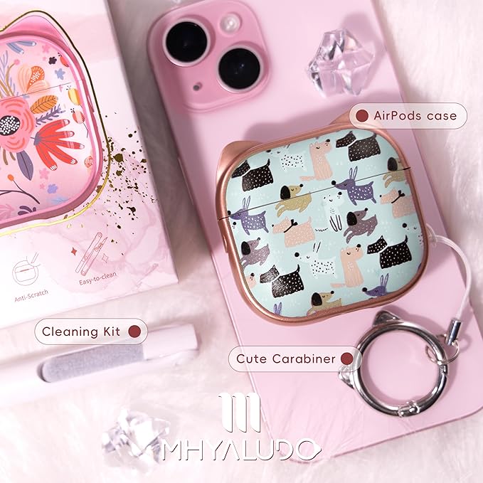 for AirPods 4 Case with Cleaning Kit, Cute Cat Ear Print Design & Cute Buckle, Inverted Phone Holder Design, Top Safe Lock Buckle Design, for Girls AirPods 4 case 2024, Rose Gold Animal