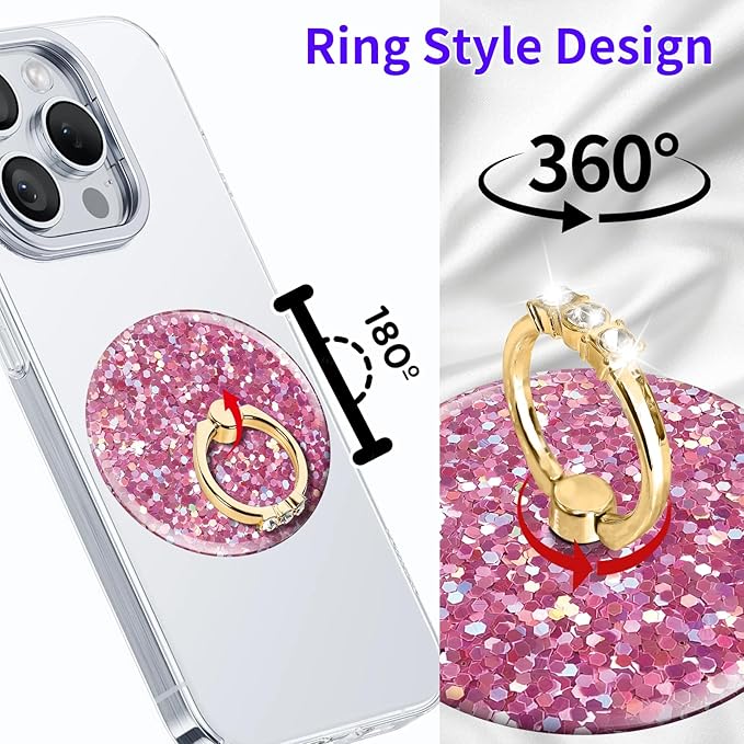 Magnetic Phone Ring Holder Compatible with MagSafe, Cute Phone Grip Stand with 360° Rotation Gold Glitter Finger Ring Kickstand Accessories for Most Phones Glitter Pink Pattern