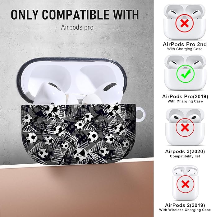 for Airpods Pro Case, Cute Cool Football Pattern TPU Soft Cases for Airpods Pro Case 1st Gen, Shockproof for Airpods Pro 2019 Case Men Women with Cleaner Kit & Keychain, Black