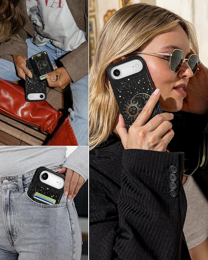 Shorogyt for iPhone Air Wallet Case - Fits 5 Cards, Compatible with Magsafe Detachable Magnetic Credit Card Holder Leather Cardholder Cute Phone Cover Women Girls for Apple 17 Air, Sun Moon