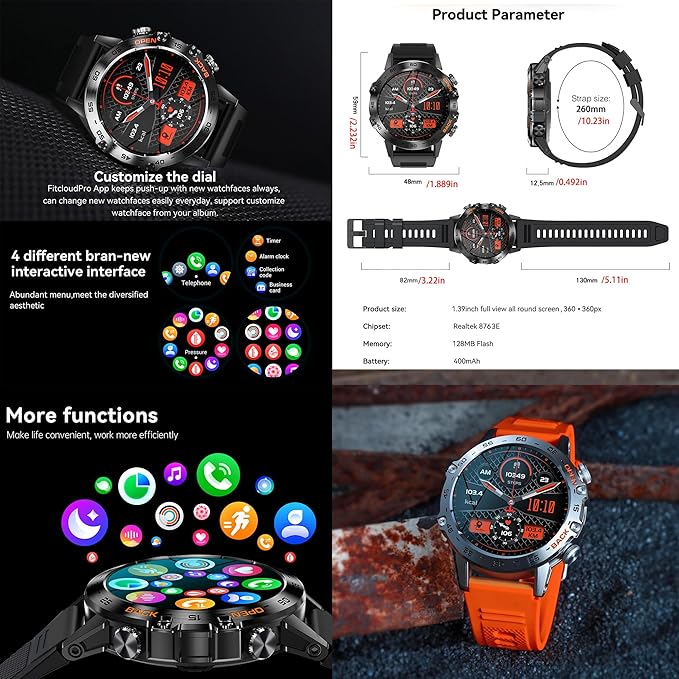 Military Smart Watch for Men(Answer/Dial Calls), Fitness Tracker for Android iPhone, 1.39" Activity Tracker with Heart Rate Sleep SpO2 Monitor, Calorie, 5ATM Waterproof Smartwatch, 3 Straps (Silver)