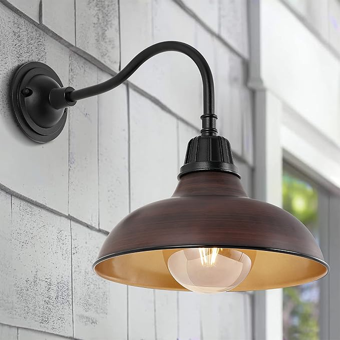 JONATHAN Y JYL7613G Aurora 12.25" 1-Light Farmhouse Industrial Indoor/Outdoor Iron LED Gooseneck Arm Outdoor Sconce Metal Bowl Shade Vintage Cottage Rustic Porch Patio Yard Barn, Wood Finish/Copper