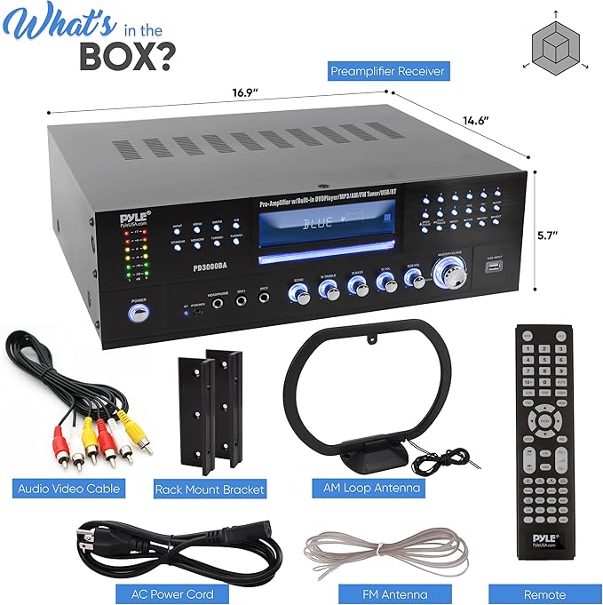 Pyle 4 Channel Bluetooth Home Amplifier - Front Loading DVD/CD Player - 3000W Peak Stereo Receiver - 2 Mic Inputs w/ Echo, FM Radio,Optical In,USB,RCA,Composite, LED Level Meter, Rack Mount - PD3000BA