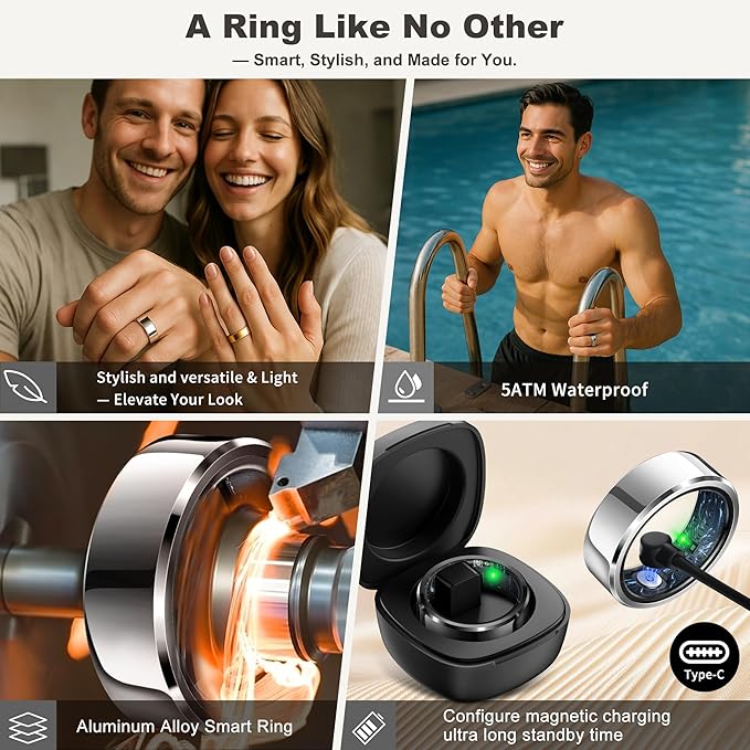 Smart Ring for Women Men, Fashion Minimalist Fitness Ring & Sleep Tracker Ring with Heart Rate, Blood Pressure,5ATM Waterproof Health Ring, No Subscription, Gifts for Women Men Gift (Black,8)