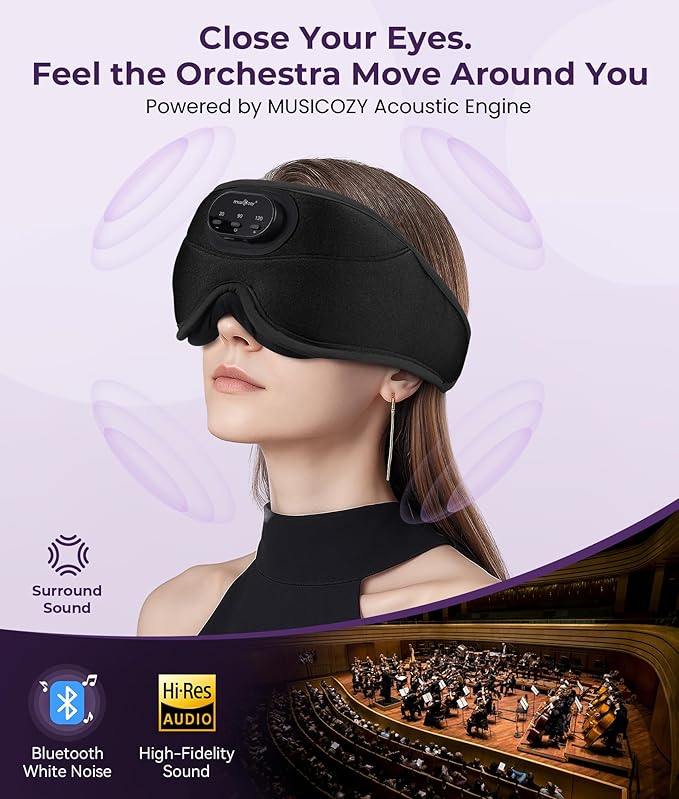 MUSICOZY 3D Bluetooth Sleep Mask with Headphones and Timer, Wireless Sleep Headphones for Side Sleepers, Eye Mask with Bluetooth Headphone, 2 Packs