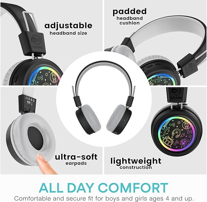 MEE audio KidJamz Share Bluetooth Headphones for Kids with LED Lights, 85dB Volume Limiter, Microphone, 40h Battery; Childrens Headset for School/iPhone/iPad/Tablet (Model: KJ55BT-S, 1-Pack)