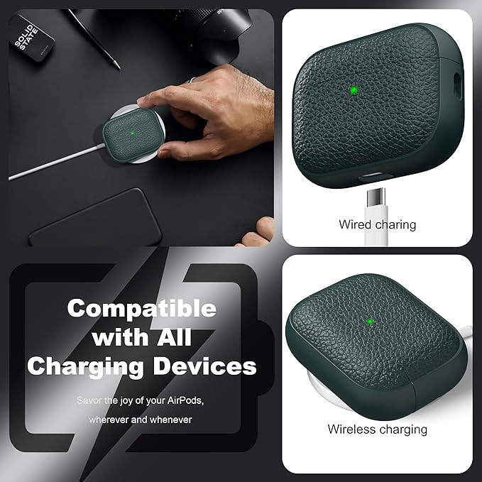 R-fun for AirPods Pro 3 Case 2025, Soft TPU (Leather-Like Design) Drop Protection Cover for Men and Women with Lanyard and Cleaner Kit, Compatible with Apple AirPods Pro 3rd Generation-Green