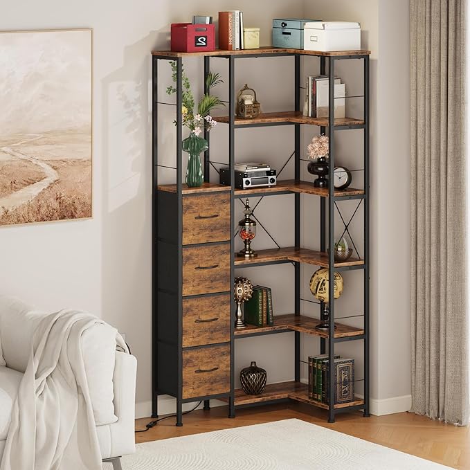 Corner Bookshelf with LED Light Strips & 4 Fabric Drawers, 6-Tier Convertible Corner Shelf with Display Shelf, Large Wood Industrial Bookcase for Living Room, Bedroom, Home Office, Rustic Brown