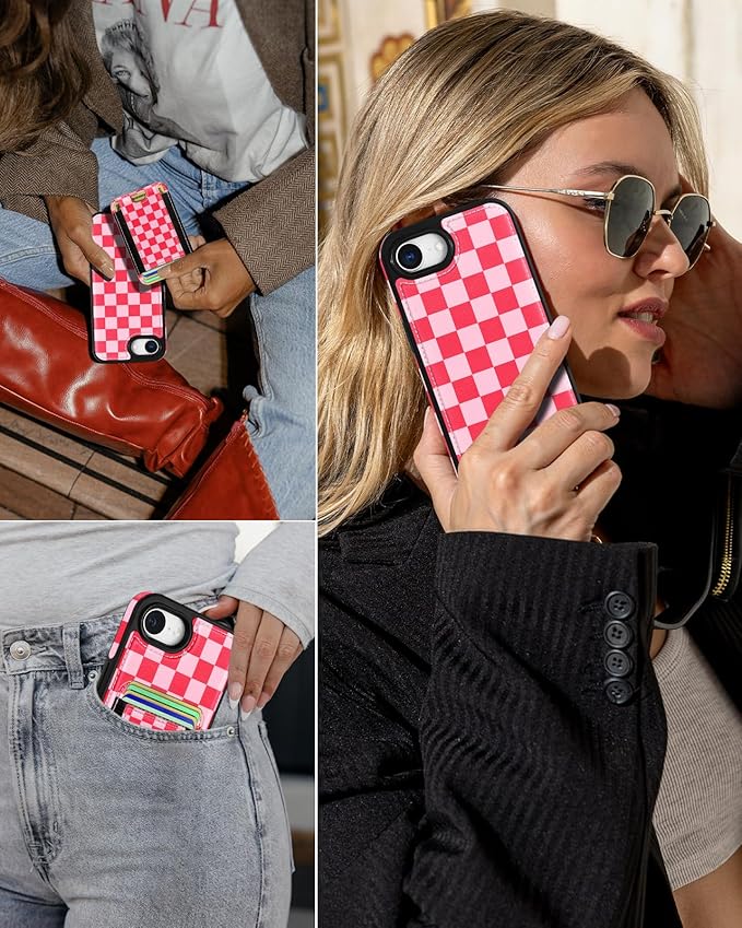Shorogyt for iPhone 17e/16e Wallet Case - Fits 5 Cards, Compatible with Magsafe Detachable Magnetic Credit Card Holder Leather Cardholder Cute Phone Cover Women Girls for Apple 17e/16e, Checkered