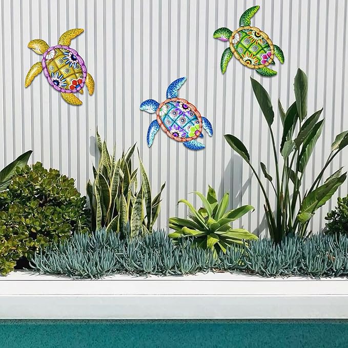 WHBIMGOOO Metal Sea Turtle Wall art Decor,Beach/Ocean/Nautical Theme Outdoor wall decor,Decorations for Garden Backyard Pool Patio Balcony Kitchen or Bathroom (3 Pack)