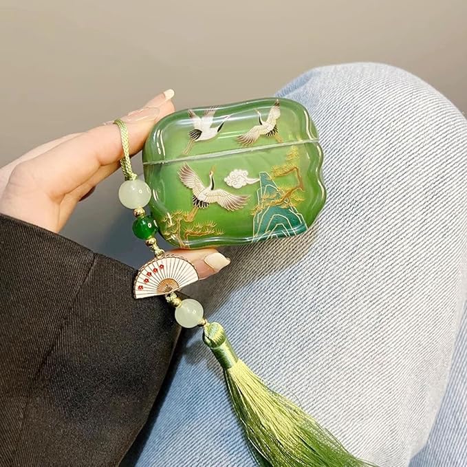 Compatible with AirPod Pro Case Soft with Cleaner Kit Keychain Lucky Crane Cover for Girls Women Airpods Pro 2nd/1st Generation-Green