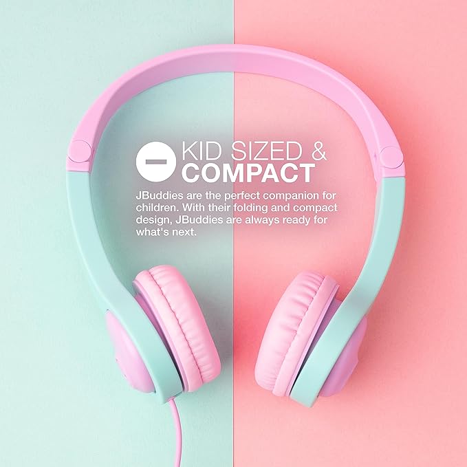 JLab JBuddies Folding Kids Wired Headphones Gen 2, Pink/Teal, Toddler Headphones, Noise Isolation, Kids Safe, Volume Limiting, for Children Ages 2+