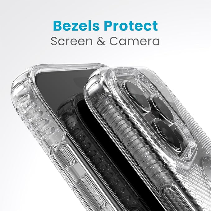 Speck iPhone 15 Pro Max Case - ClickLock No-Slip Interlock, Built for MagSafe, Drop Protection Grip - Anti-Yellowing 6.7 Inch Phone Case - Presidio Lux Grip Clear/Platinum Glitter