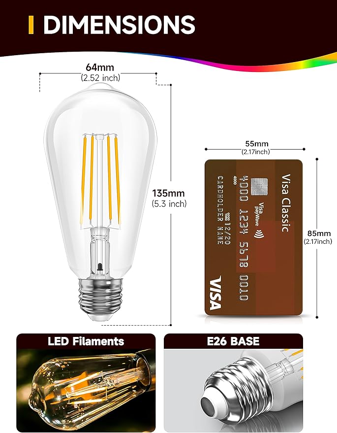 Dusk to Dawn Light Bulbs: Outdoor Light Bulbs, 6W Equivalent 60W Edison Bulbs, 3000K Warm White, Vintage 600LM LED Outdoor Lighting, E26 Base, Photocell Sensor, Automatic Bulb for Porch Patio, 4 Pack