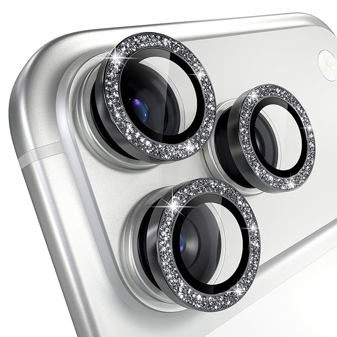 Misea Compatible for iPhone 17 Pro/iPhone 17 Pro Max Camera Lens Protector Bling, 9H Tempered Glass Camera Cover Screen Protector Metal Individual Ring Decoration Accessories, Black Glitter