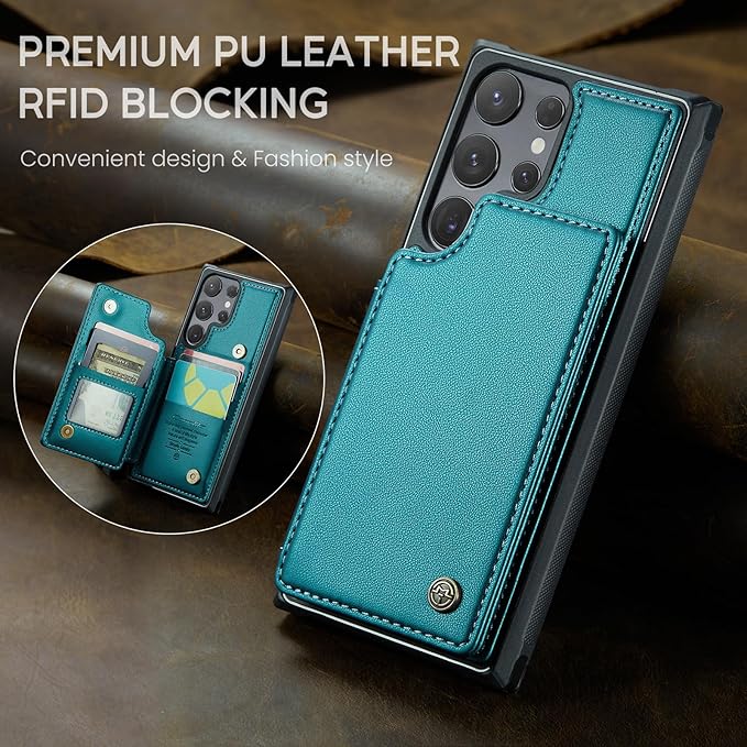 Bemal for Samsung Galaxy S25 Ultra Wallet Case with Card Holder, RFID Blocking, Shockproof Leather Kickstand for Men and Women, Durable Protective Phone Cover for 6.9", Bluish Green