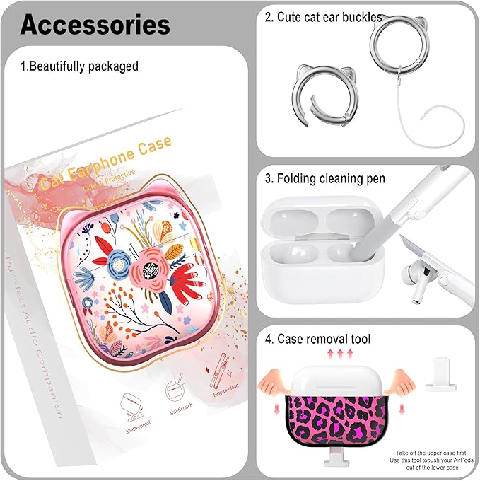 RFUNGUANGO AirPods Pro Case for Women Girly Cat Case with Lock, Phone Stand, Keychain & Cleaner Kit, Compatible with Apple Airpods Pro 2nd/1st Generation Case Cover, Rose Red Leopard Print