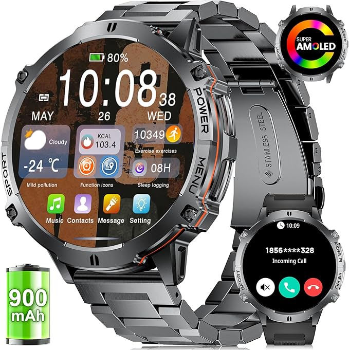 LIGE Military Smart Watches for Men with 900mAh Battery,1.73" HD AMOLED with Bluetooth Call,110+ Sports Mode Tactical Fitness Tracker/Heart Rate Sleep Health Monitor/Android iOS Smart Watch(Black)