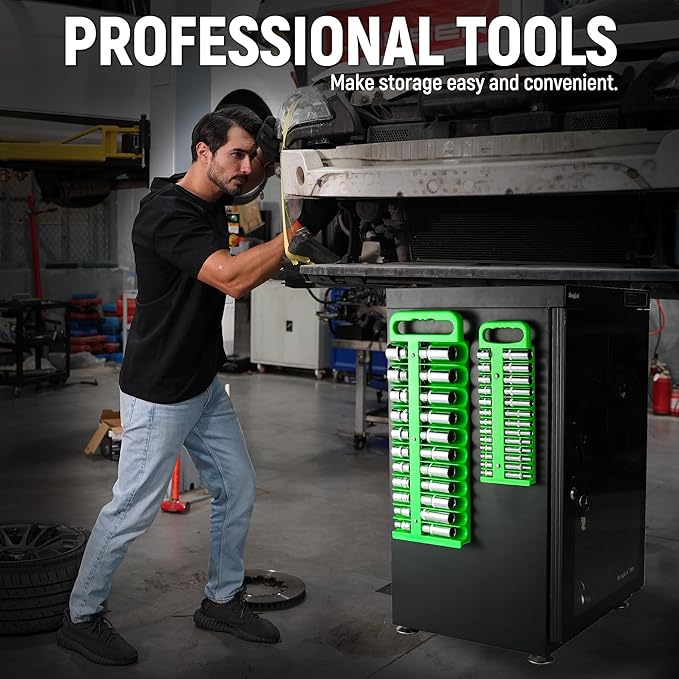 Magnetic Socket Organizer Set, 3 Pcs Green Portable Heavy Duty Socket Rail Set: 1/4-Inch x 22 Pallets, 3/8-Inch x 28 Pallets, 1/2-Inch x 26 Pallets, Hold 76 Sockets - Fit Shallow&Deep Sockets