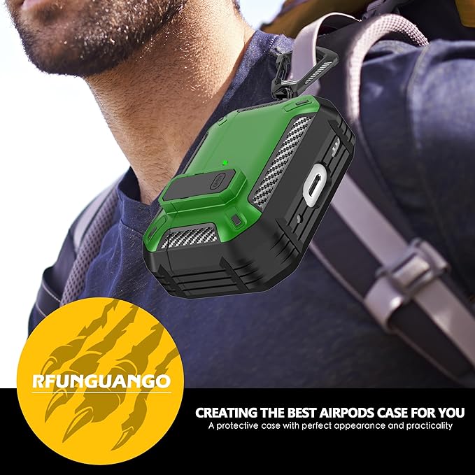 RFUNGUANGO for AirPods Pro 2nd Generation Case Cover with Cleaner Kit, Military Hard Shell Protective Armor with Lock for AirPod Gen 2 Charging Case2023, 2022, Front LED Visible,Green