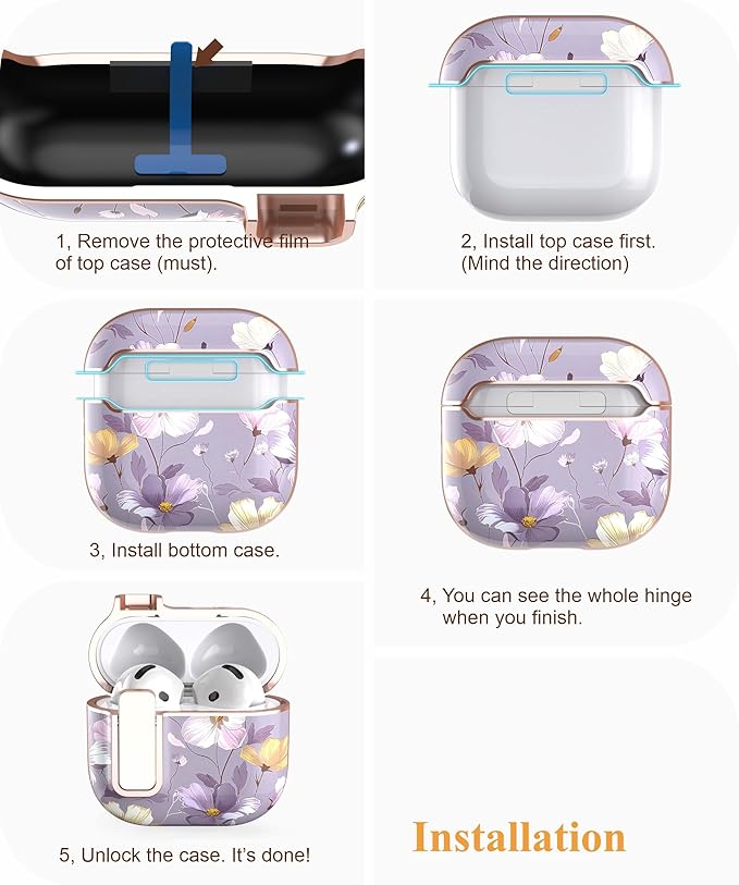 TATOFY Cover for AirPods Pro 4th Generation Case with Lock Clip Cleaner Kit Slim Hard AirPod 4 Lock Case Compatible with MagSafe (Violet)