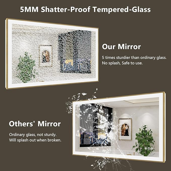 24x36 Inch LED Bathroom Mirror with Lights (Front Lit and Backlit) Gold Framed Lighted Vanity Mirror for Bathroom Wall Dimmable Anti-Fog Memory Tempered Glass Horizontal/Vertical