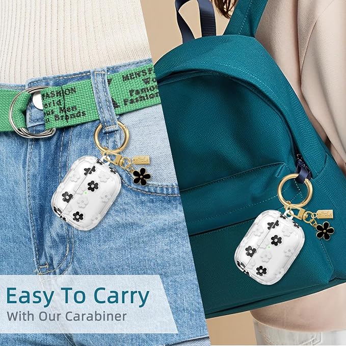 Compatible with AirPods Pro 2 Case Cover 2022, Soft TPU with Cute Flower Pattern for AirPods Pro 2nd/1st Generation Case with Flower Keychain and Carabiner for Girls Women (Black)