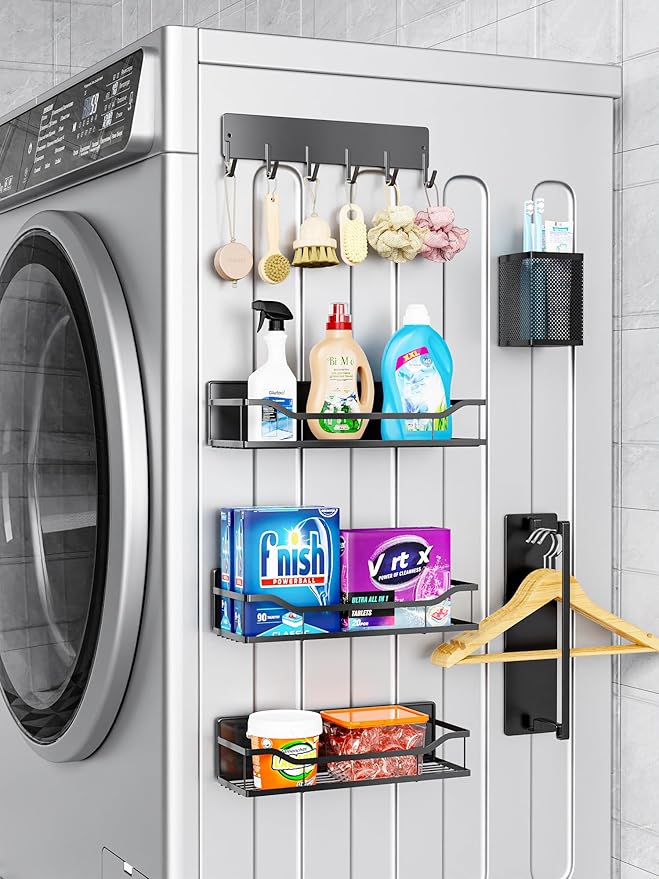 Multifunctional Magnetic Shelf for Washing Machine, Refrigerator, Microwave, and Any Metal Surface, Powerful Magnetic Shelves Include Unique Hollow Design Metal Organizers (6 pcs - Black)