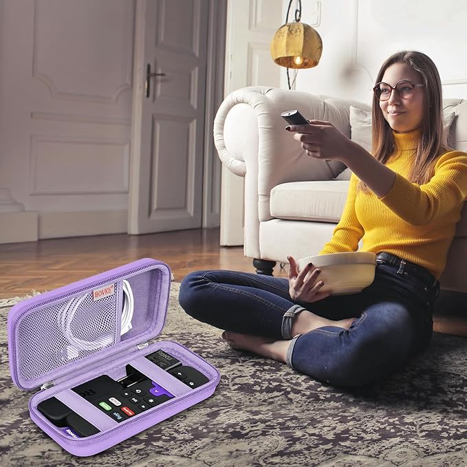 BOVKE Hard Case for Roku Voice Remote Controller, Streaming Stick+ / 4K, TV Remote Case for Steaming Stick 3820R/ 3821R/3941R, Extra Mesh Pocket for Adapters, Cables, Purple