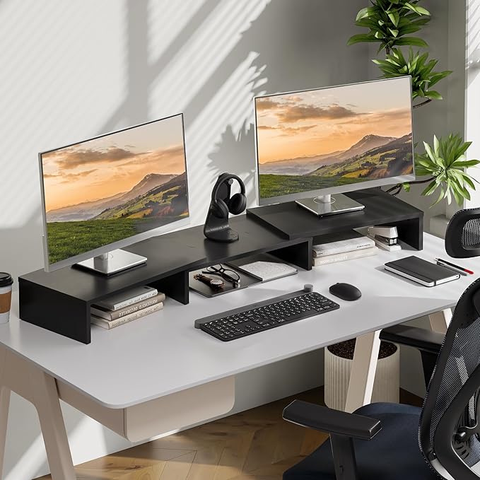 FITUEYES Dual Monitor Stand – 3 Shelf Computer Monitor Riser, Wood Desktop Stand with Adjustable Length and Angle, Desk Accessories, Office Supplies Medium Black,DT108001WB